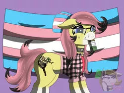 Size: 1600x1200 | Tagged: safe, artist:gray star, derpibooru import, oc, oc:sunny side(gray star), unofficial characters only, beauty mark, bow, choker, derpibooru exclusive, female, flannel shirt, glasses, hair bow, happy, image, pills, png, pride, pride flag, trans female, transgender, transgender oc, transgender pride flag