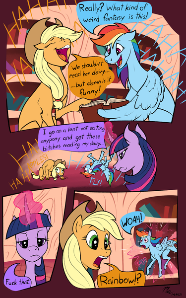 Size: 1200x1920 | Tagged: safe, artist:magnificent-arsehole, derpibooru import, applejack, rainbow dash, twilight sparkle, twilight sparkle (alicorn), alicorn, earth pony, pegasus, pony, angry, comic, derp, dialogue, diary, floppy ears, folded wings, golden oaks library, grammar error, image, laughing, library, lidded eyes, lmao, lying down, magic, micro, on back, onomatopoeia, open mouth, png, shrinking, signature, spread wings, twilight is not amused, unamused, vulgar, wheeze, wings