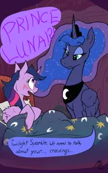 Size: 1200x1920 | Tagged: safe, artist:magnificent-arsehole, derpibooru import, princess luna, twilight sparkle, twilight sparkle (alicorn), alicorn, pony, bed, blushing, comic, crown, dialogue, dream, eyebrows, eyebrows visible through hair, folded wings, frown, golden oaks library, image, jewelry, library, lidded eyes, lying down, on back, on bed, open mouth, peytral, png, regalia, signature, sitting, sweat, unshorn fetlocks, waking up, wide eyes, wingding eyes, wings