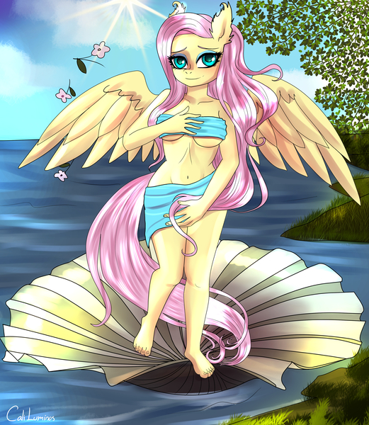 Size: 3040x3500 | Tagged: suggestive, artist:cali luminos, derpibooru import, fluttershy, anthro, pegasus, artistic, body wrap, botticelli, cute, fanart, female, fine art emulation, image, jpeg, sexy, solo, venus