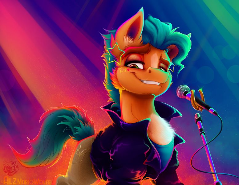 Size: 3300x2550 | Tagged: safe, artist:alzmariowolfe, derpibooru import, hitch trailblazer, earth pony, pony, my little pony: a new generation, calendar, collaboration, g5, image, microphone, neon, png, popstar, singer, solo, stupid sexy hitch trailblazer