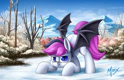 Size: 5100x3300 | Tagged: safe, artist:supermoix, derpibooru import, oc, unofficial characters only, bat pony, pony, bat pony oc, bat wings, commission, crouching, cute, forest, forest background, high res, image, looking at you, male, mountain, png, scenery, sky, smiling, snow, solo, stallion, tree, wings