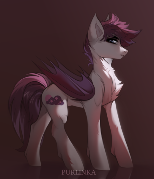 Size: 2810x3257 | Tagged: safe, artist:purlin-ka, derpibooru import, oc, oc:mythic horizon, unofficial characters only, bat pony, pony, bat pony oc, bat wings, chest fluff, folded wings, full body, gradient background, high res, hooves, image, looking back, male, png, shading, signature, solo, stallion, standing, wings