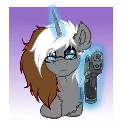 Size: 4000x4000 | Tagged: safe, artist:witchtaunter, derpibooru import, oc, pony, unicorn, aiming, bust, chest fluff, commission, ear fluff, glasses, gradient background, gun, image, magic, male, png, portrait, shoulder fluff, solo, telekinesis, weapon