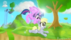 Size: 3840x2160 | Tagged: safe, artist:llamalauncher, derpibooru import, derpy hooves, twilight sparkle, twilight sparkle (alicorn), alicorn, pegasus, pony, biting, duo, ear bite, female, floating island, image, lesbian, png, shipping, tree, twerpy, waterfall