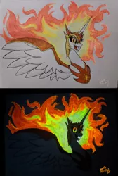 Size: 2000x2971 | Tagged: safe, artist:brisineo, derpibooru import, daybreaker, alicorn, armor, comparison, fangs, glow, glow-in-the-dark, glowing eyes, image, looking at you, mane of fire, open mouth, painting, png, slit pupils, smiling, solo, traditional art