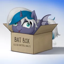 Size: 1300x1300 | Tagged: safe, alternate version, artist:magfen, derpibooru import, oc, oc:elizabat stormfeather, unofficial characters only, alicorn, bat pony, bat pony alicorn, pony, :p, alicorn oc, alternate character, bat pony oc, bat wings, box, cardboard box, commission, cute, female, horn, image, mare, png, pony in a box, solo, tongue out, wings, ych result
