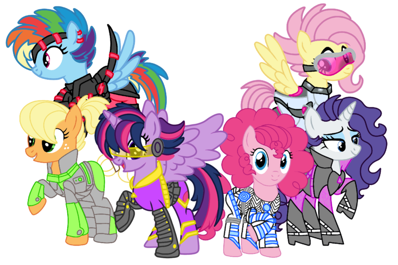 Size: 1800x1200 | Tagged: safe, artist:icey-wicey-1517, artist:rmv-art, color edit, derpibooru import, edit, applejack, fluttershy, pinkie pie, rainbow dash, rarity, twilight sparkle, twilight sparkle (alicorn), alicorn, cyborg, earth pony, pegasus, pony, unicorn, alternate hairstyle, amputee, armor, augmented, belt, boots, clothes, collaboration, colored, cyberpunk, ear piercing, earring, eyeshadow, flying, freckles, goggles, grin, high heel boots, image, jewelry, makeup, mane six, open mouth, piercing, png, prosthetic limb, prosthetics, shoes, simple background, smiling, transparent background