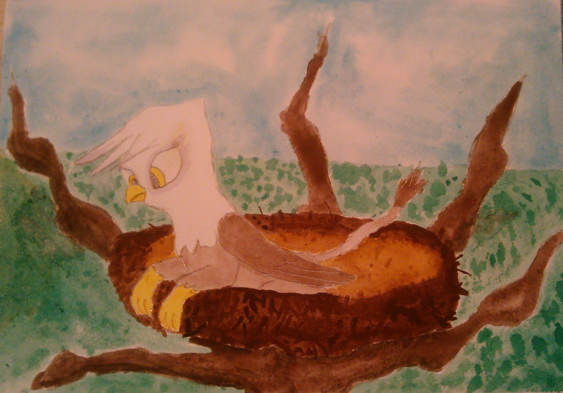 Size: 1867x1302 | Tagged: artist needed, safe, derpibooru import, gilda, gryphon, behaving like a bird, drawing, image, nest, png, solo, traditional art, tree