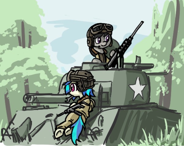 Size: 602x479 | Tagged: safe, artist:plunger, artist:toffo, derpibooru import, octavia melody, vinyl scratch, earth pony, pony, unicorn, clothes, duo, female, forest, grass, gun, hat, headphones, helmet, image, jpeg, looking at something, lying down, m2 browning, m3 grease gun, m4 sherman, mare, military uniform, sitting, sky, smiling, stars, tank (vehicle), tree, underhoof, uniform, weapon, world war ii, wrench