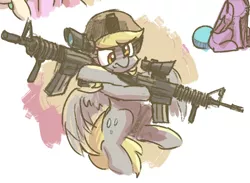 Size: 574x421 | Tagged: safe, artist:plunger, derpibooru import, derpy hooves, pegasus, pony, angry, blank flank, chest fluff, dual wield, female, flying, gun, hat, helmet, image, m4a1, mare, png, rifle, simple background, sitting, solo, weapon