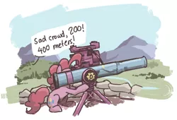Size: 724x492 | Tagged: safe, artist:plunger, derpibooru import, pinkie pie, earth pony, pony, 200, 400, exclamation point, female, gun, hoof hold, image, looking at something, mare, missile launcher, mountain, offscreen character, partillery, png, rock, sitting, solo, speech bubble, text, tow missile, weapon