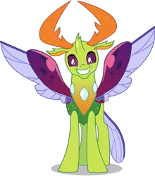 Size: 3377x3840 | Tagged: safe, artist:frownfactory, derpibooru import, thorax, changedling, changeling, triple threat, antlers, cute, grin, horn, image, male, png, simple background, smiling, solo, spread wings, thorabetes, transparent background, vector, wings