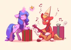 Size: 2000x1400 | Tagged: safe, artist:scribble-potato, derpibooru import, izzy moonbow, sprout cloverleaf, earth pony, pony, unicorn, g5, my little pony: a new generation, biting, dunce hat, guitar, hat, image, jpeg, magic, music notes, musical instrument, one eye closed, present, smiling, telekinesis, tongue bite, tongue out, wink, you tried