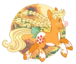 Size: 1402x1173 | Tagged: safe, artist:horseytown, derpibooru import, applejack, applejack (g1), pony, bow, cute, flower, g1, g1 jackabetes, image, png, silly, silly pony, sunflower, tail, tail bow, unshorn fetlocks, who's a silly pony