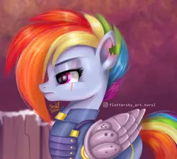 Size: 964x867 | Tagged: safe, artist:fluttershy_art.nurul, derpibooru import, rainbow dash, pegasus, pony, armor, army, biting, ear bite, female, folded wings, hairstyle, image, injured, png, semi-realistic, war, wings, wounded warriors