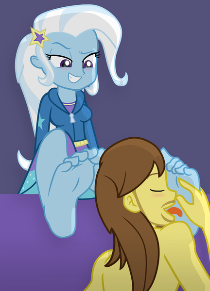Size: 1920x2669 | Tagged: questionable, artist:grapefruit-face, derpibooru import, trixie, oc, oc:grapefruit face, equestria girls, barefoot, blushing, breasts, canon x oc, clothes, duo, enjoying, eyes closed, feet, female, fetish, fixed, foot fetish, foot worship, grapexie, gritted teeth, hoodie, image, licking, licking foot, male, partial nudity, png, shipping, sitting, soles, straight, tongue out, topless, touching, updated