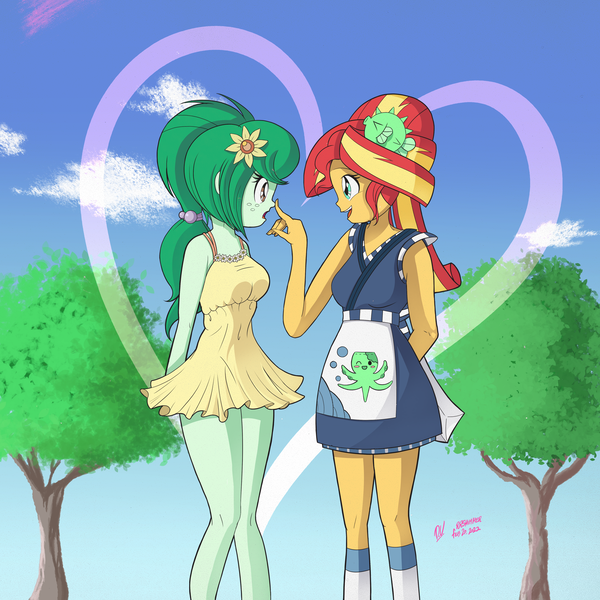 Size: 4500x4500 | Tagged: safe, artist:branewashpv, derpibooru import, sunset shimmer, wallflower blush, equestria girls, adorasexy, boop, cute, flowerbetes, heart, image, looking at each other, looking at someone, png, sexy, shimmerbetes, sunset sushi, sweet dreams fuel