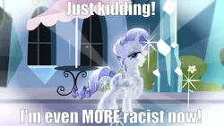 Size: 2000x1125 | Tagged: safe, derpibooru import, edit, edited screencap, screencap, rarity, crystal pony, pony, unicorn, the crystal empire, caption, crystallized, female, image, image macro, mare, meme, png, racism, racisty, solo, text