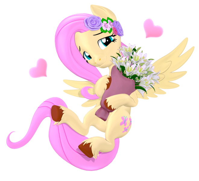 Size: 2200x2000 | Tagged: safe, artist:owlpirate, derpibooru import, fluttershy, pegasus, pony, 3d, bouquet, cute, female, floating heart, flower, flower in hair, flying, heart, high res, image, lidded eyes, mare, png, shyabetes, simple background, smiling, solo, source filmmaker, spread wings, transparent background, underhoof, unshorn fetlocks, wings