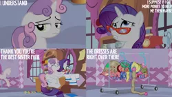 Size: 1280x720 | Tagged: safe, derpibooru import, edit, edited screencap, editor:quoterific, screencap, rarity, sweetie belle, pony, unicorn, for whom the sweetie belle toils, season 4, carousel boutique, duo, eyes closed, female, filly, foal, glasses, hug, image, mannequin, mare, open mouth, png, rarity's glasses, siblings, sisters