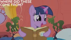 Size: 1280x720 | Tagged: safe, derpibooru import, edit, edited screencap, editor:quoterific, screencap, twilight sparkle, pony, unicorn, look before you sleep, season 1, bed, blanket, book, cute, female, golden oaks library, image, jpeg, library, mare, open mouth, open smile, pillow, smiling, solo, that pony sure does love books, twiabetes, unicorn twilight