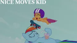 Size: 1280x720 | Tagged: safe, derpibooru import, edit, edited screencap, editor:quoterific, screencap, rainbow dash, scootaloo, pegasus, pony, season 3, sleepless in ponyville, duo, eyes closed, female, filly, flying, foal, helmet, image, jpeg, mare, scooter, smiling, spread wings, wings
