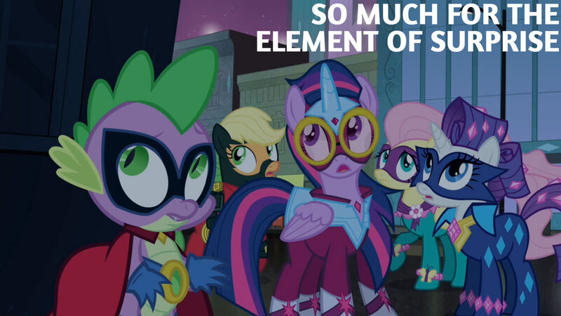 Size: 1280x720 | Tagged: safe, derpibooru import, edit, edited screencap, editor:quoterific, screencap, applejack, fluttershy, humdrum, masked matter-horn, mistress marevelous, radiance, rarity, saddle rager, spike, twilight sparkle, twilight sparkle (alicorn), alicorn, dragon, earth pony, pegasus, pony, unicorn, power ponies (episode), season 4, female, image, jpeg, male, mare, night, open mouth, power ponies