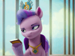 Size: 600x447 | Tagged: safe, derpibooru import, screencap, queen haven, pegasus, pony, my little pony: a new generation, animated, female, g5, gif, image, mare, meme origin, phone, solo
