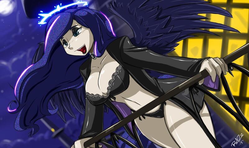 Size: 1480x885 | Tagged: suggestive, artist:shonuff44, derpibooru import, princess luna, human, black underwear, bra, breasts, busty princess luna, cleavage, clothes, exhibitionism, female, halo, humanized, image, jpeg, latex, lingerie, pale skin, panties, solo, solo female, tail, tailed humanization, underwear, winged humanization, wings