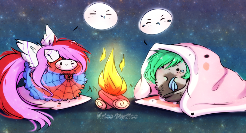 Size: 4948x2677 | Tagged: safe, artist:krissstudios, derpibooru import, oc, oc:mizhore, unofficial characters only, pony, campfire, chubbie, duo, fire, image, png