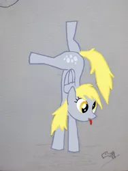 Size: 1200x1600 | Tagged: safe, artist:dennyhooves, derpibooru import, derpy hooves, pegasus, pony, female, handstand, image, jpeg, mare, solo, tongue out, upside down