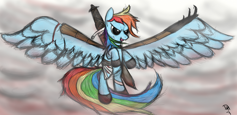 Size: 2215x1080 | Tagged: safe, artist:dennyhooves, derpibooru import, rainbow dash, pegasus, pony, bandage, female, image, mare, png, signature, solo, spread wings, sword, weapon, wings