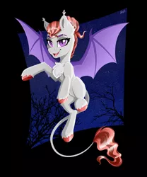 Size: 4000x4800 | Tagged: safe, artist:rainbowfire, derpibooru import, oc, bat pony, pegasus, pony, beautiful, branches, chest fluff, female, flying, image, mare, night, open mouth, png, purple eyes, smiling, solo, spread wings, stars, wings