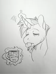 Size: 1538x2048 | Tagged: safe, derpibooru import, oc, oc:snooze button, pony, unicorn, coffee mug, image, jpeg, mug, sleepy