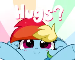 Size: 3904x3152 | Tagged: safe, artist:kittyrosie, derpibooru import, rainbow dash, pegasus, pony, bronybait, cute, dashabetes, hug request, image, looking at you, png, text