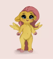 Size: 3620x4005 | Tagged: safe, artist:miokomata, derpibooru import, fluttershy, pegasus, pony, semi-anthro, belly button, blushing, chest fluff, colored hooves, cute, female, filly, filly fluttershy, floppy ears, foal, freckles, freckleshy, high res, image, jpeg, open mouth, open smile, pink background, shyabetes, simple background, smiling, solo, underhoof, younger