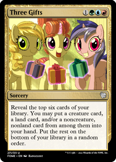 Size: 375x523 | Tagged: safe, artist:rangelost, derpibooru import, edit, moondancer's sister, morning roast, sea swirl, seafoam, sweet biscuit, pony, unicorn, cyoa:d20 pony, ccg, female, image, looking at you, magic, magic the gathering, mare, outdoors, pixel art, png, present, smiling, standing, telekinesis, trading card, trading card edit, trio