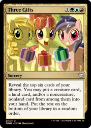 Size: 375x523 | Tagged: safe, artist:rangelost, derpibooru import, edit, moondancer's sister, morning roast, sea swirl, seafoam, sweet biscuit, pony, unicorn, cyoa:d20 pony, ccg, female, image, looking at you, magic, magic the gathering, mare, outdoors, pixel art, png, present, smiling, standing, telekinesis, trading card, trading card edit, trio