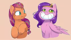 Size: 2154x1212 | Tagged: safe, artist:ponchik_art, derpibooru import, pipp petals, sunny starscout, earth pony, pegasus, pony, g5, my little pony: tell your tale, spoiler:g5, spoiler:my little pony: tell your tale, big grin, braided ponytail, bust, circlet, creeped out, creepy, creepy grin, disturbed, female, frown, grin, image, jpeg, mane stripe sunny, mare, shorn fetlocks, signature, smiling, worried