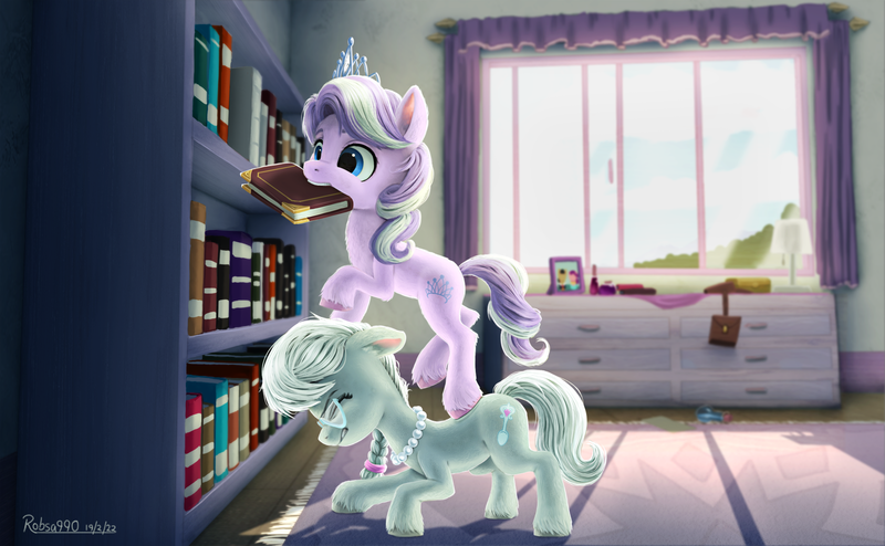 Size: 2332x1440 | Tagged: safe, artist:robsa990, derpibooru import, diamond tiara, silver spoon, earth pony, pony, bedroom, book, bookshelf, duo, duo female, female, filly, foal, image, mouth hold, png, window