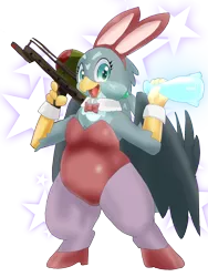 Size: 1200x1600 | Tagged: suggestive, artist:kushina13, derpibooru import, gabby, gryphon, semi-anthro, atomic bomb, bipedal, bottle, bowtie, bunny ears, bunny suit, clothes, drink, fat man, female, image, looking at you, nuclear weapon, nuka cola, png, simple background, solo, stars, transparent background, weapon