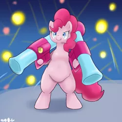 Size: 1000x1000 | Tagged: safe, artist:kushina13, derpibooru import, pinkie pie, earth pony, pony, semi-anthro, the ending of the end, bipedal, dual wield, female, image, japanese, mare, moon runes, png, rocket launcher, sharp teeth, solo, teeth, weapon