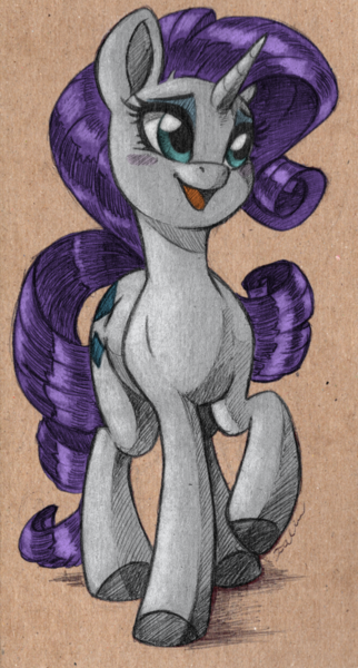 Size: 1280x2382 | Tagged: safe, artist:faline-art, derpibooru import, edit, rarity, pony, unicorn, female, high res, image, mare, open mouth, open smile, png, raised leg, smiling, solo, traditional art