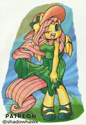 Size: 832x1200 | Tagged: safe, artist:shadowhawx, derpibooru import, fluttershy, anthro, pegasus, clothes, dress, hat, image, jpeg, looking at you, open mouth, smiling, solo, sun hat, traditional art, wind