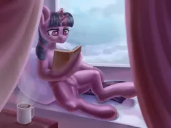Size: 4000x3000 | Tagged: safe, artist:falses, derpibooru import, twilight sparkle, pony, semi-anthro, unicorn, adorasexy, book, cloud, coffee, complex background, cup, curtains, cute, day, digital art, eyes open, female, high res, horn, image, legs, mare, paper, pillow, png, reading, reflection, sexy, shading, sky, snow, solo, spread wings, steam, table, thighs, window, windowsill, wings, winter