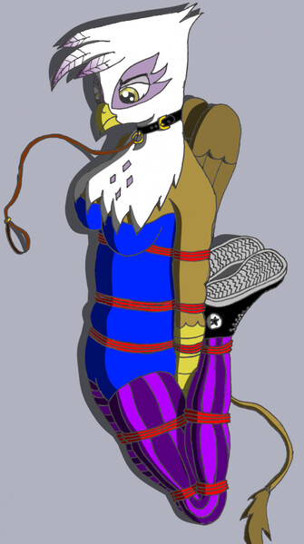 Size: 715x1280 | Tagged: questionable, artist:hunter117x, derpibooru import, gilda, anthro, gryphon, bondage, clothes, collar, female, image, jpeg, leotard, pantyhose, rope, shoes, solo, tights