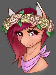 Size: 600x800 | Tagged: safe, artist:lourita-shine, derpibooru import, oc, unofficial characters only, pony, bust, female, floral head wreath, flower, freckles, gray background, image, png, simple background, smiling, solo