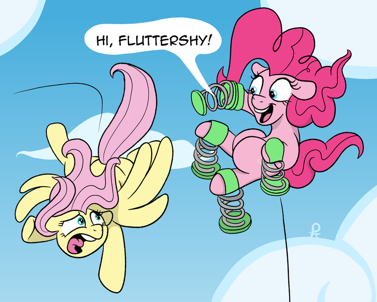 Size: 1803x1446 | Tagged: safe, artist:pony-thunder, derpibooru import, fluttershy, pinkie pie, earth pony, pegasus, pony, cartoon physics, comic, dialogue, duo, duo female, female, floppy ears, flying, image, looking at each other, looking at someone, mare, open mouth, open smile, pinkie being pinkie, pinkie physics, png, signature, sky, smiling, speech bubble, springs, tail, wings