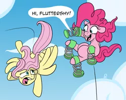 Size: 1803x1446 | Tagged: safe, artist:pony-thunder, derpibooru import, fluttershy, pinkie pie, earth pony, pegasus, pony, cartoon physics, comic, dialogue, duo, duo female, female, floppy ears, flying, image, looking at each other, looking at someone, mare, open mouth, open smile, pinkie being pinkie, pinkie physics, png, signature, sky, smiling, speech bubble, springs, tail, wings